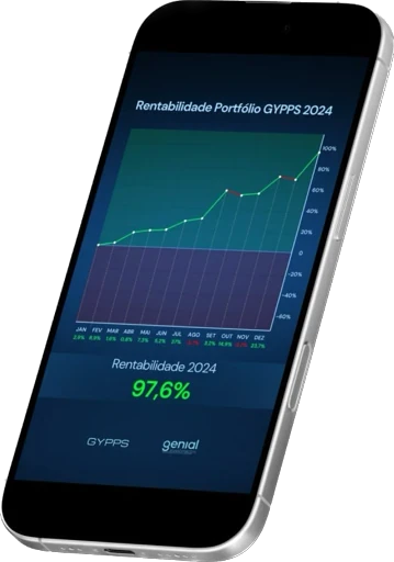 App da Gypps exibindo o gráfico de rentabilidade do portfólio em 2024, com total de 97,6%